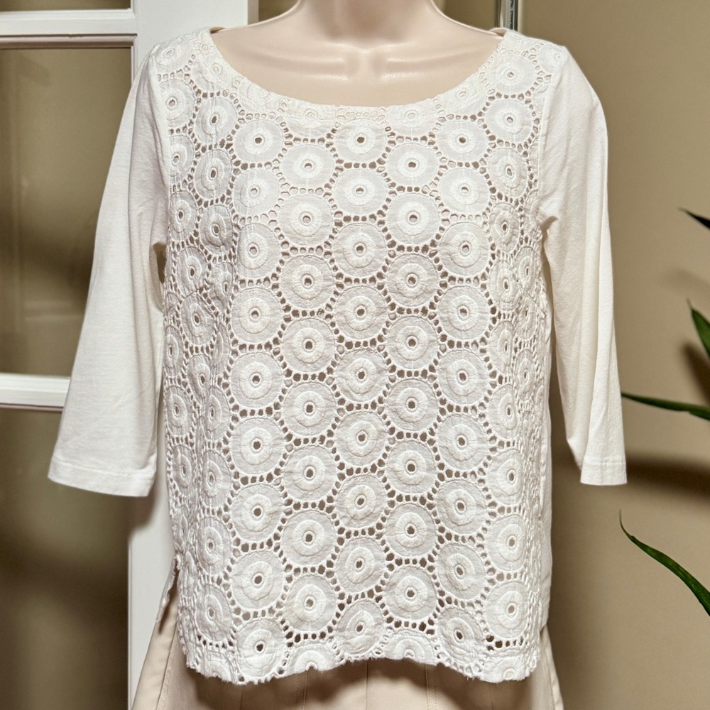 J. Crew Ivory Crochet 3/4 Sleeve Blouse